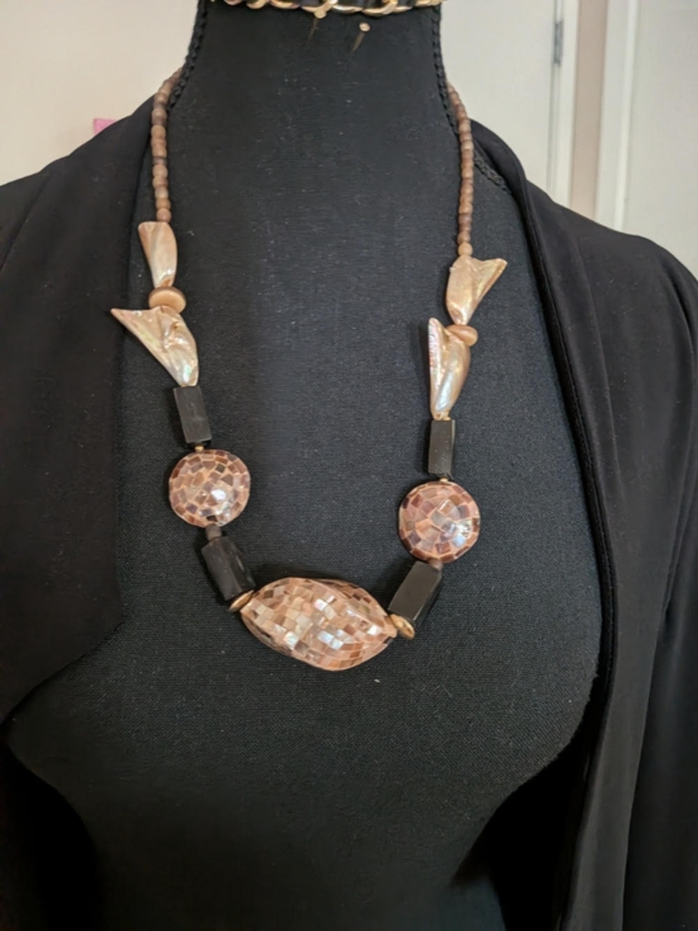 Vintage Handcrafted Brown Mother-of-Pearl Statement Necklace